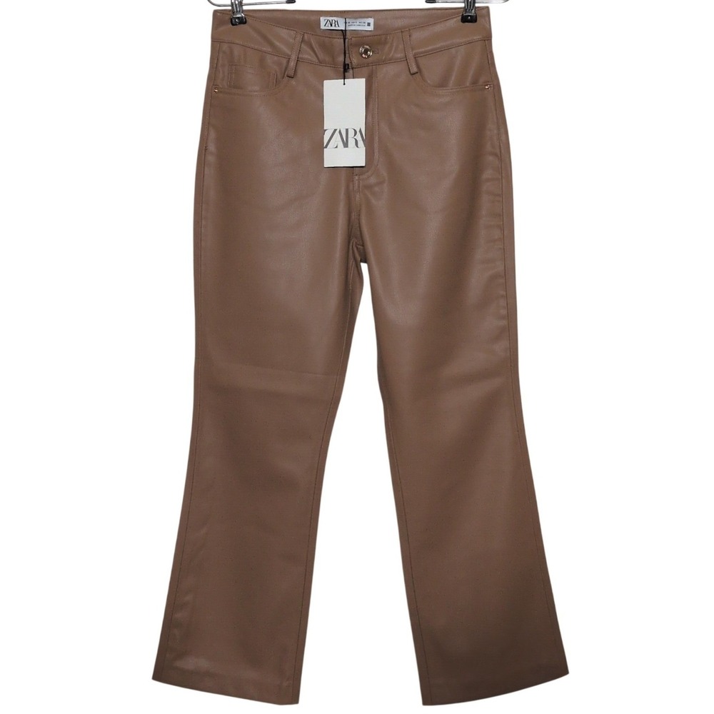 Zara Faux Leather Straight Leg Pants Tan Brown High Rise 4387/241/751 Size 4